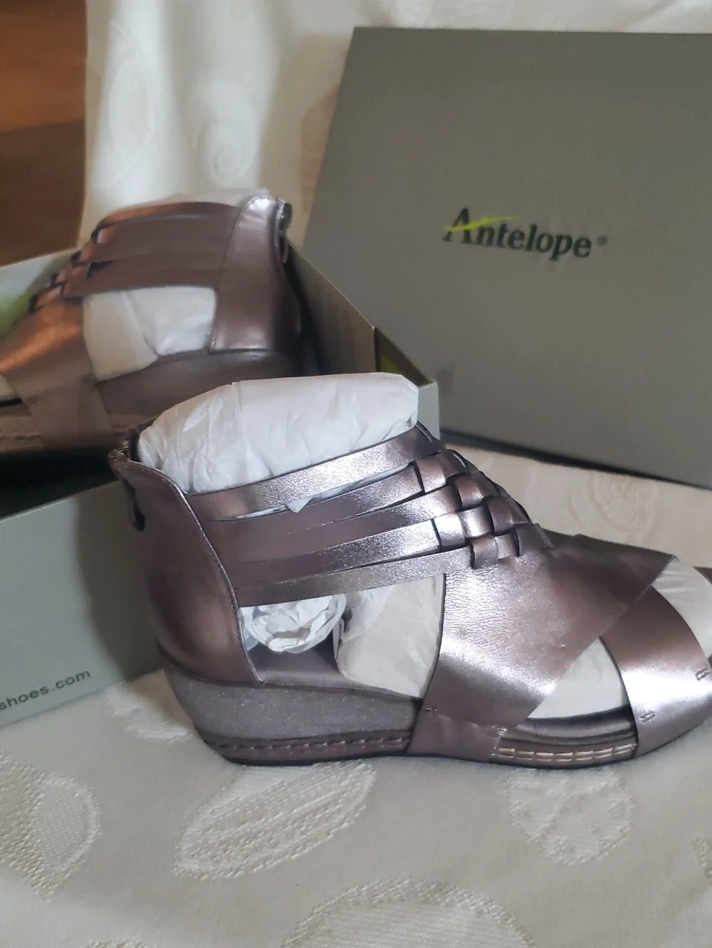 Antelope Metallic Pewter Woven Leather Wedge Sandals - Shimmery Gray